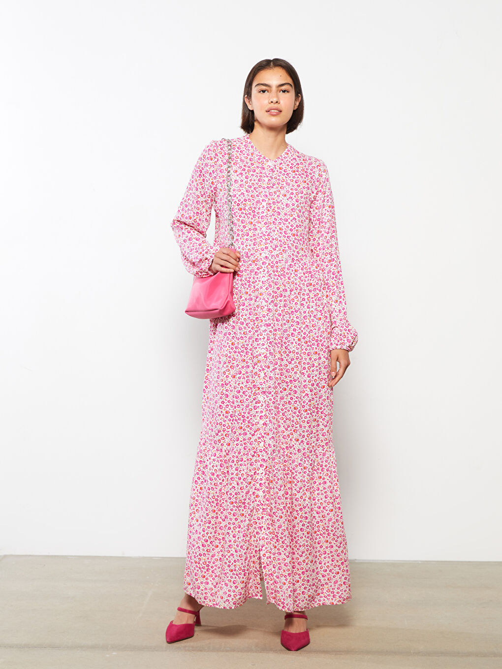 Pembe Bisiklet Yaka Çiçekli Uzun Kollu Viskon Kadın Gömlek Elbise