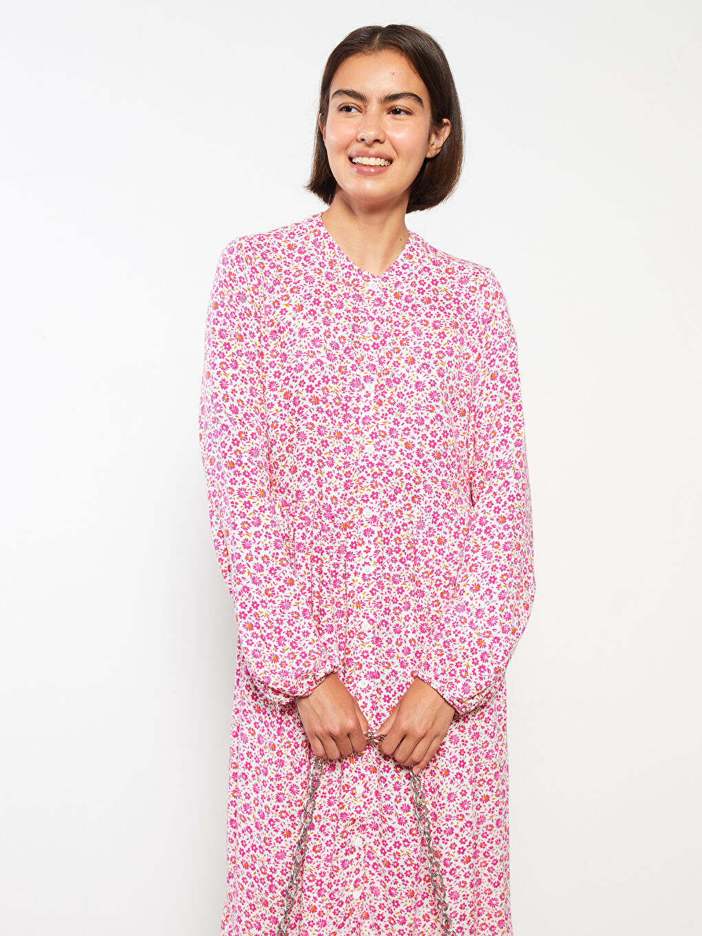 Pembe Bisiklet Yaka Çiçekli Uzun Kollu Viskon Kadın Gömlek Elbise-1