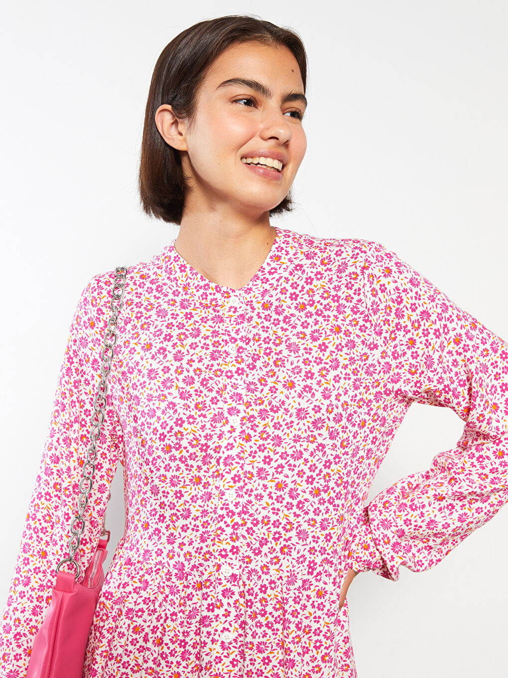 Pembe Bisiklet Yaka Çiçekli Uzun Kollu Viskon Kadın Gömlek Elbise-2