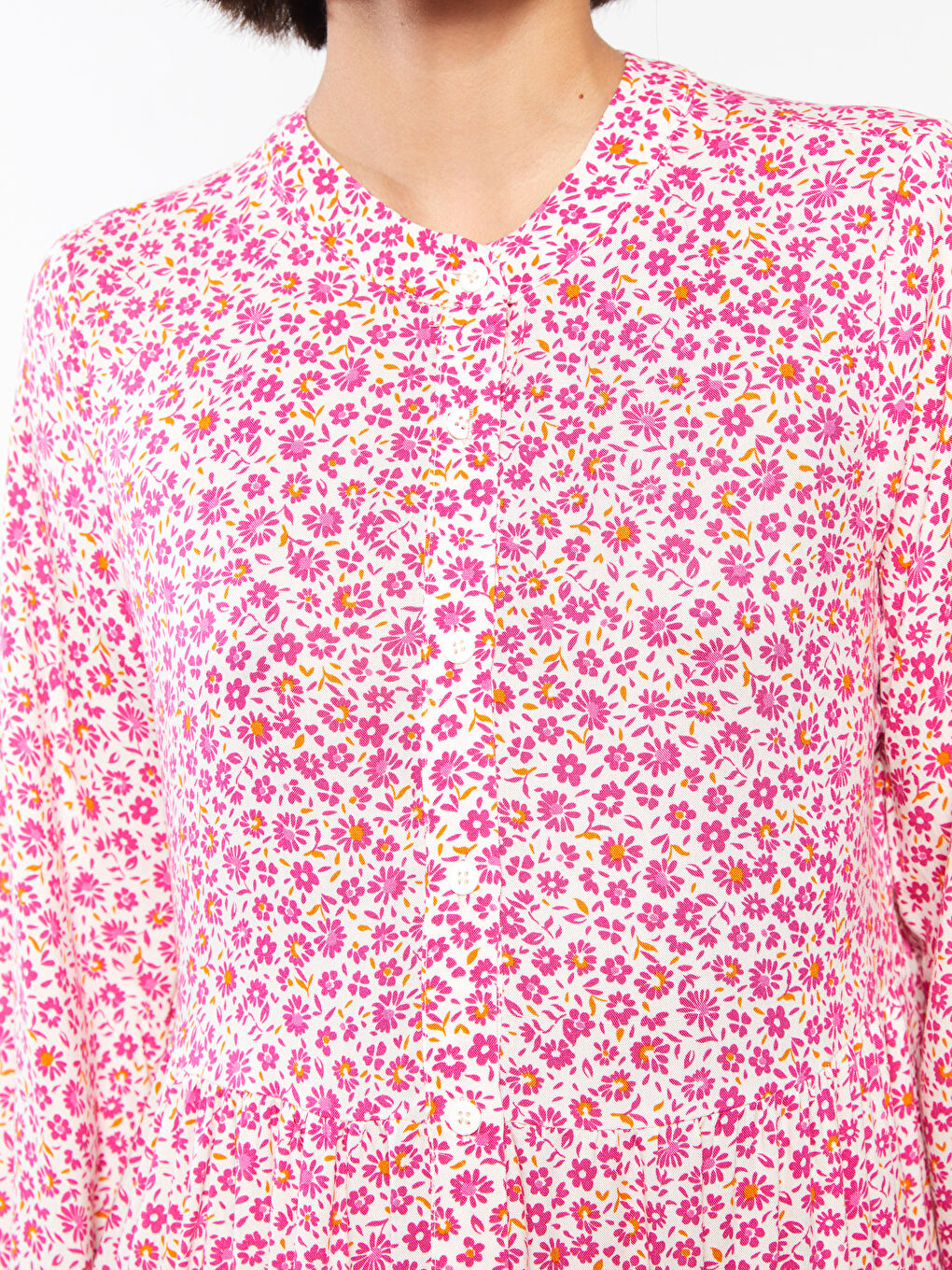 Pembe Bisiklet Yaka Çiçekli Uzun Kollu Viskon Kadın Gömlek Elbise-3