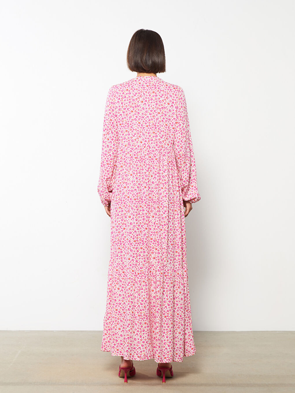 Pembe Bisiklet Yaka Çiçekli Uzun Kollu Viskon Kadın Gömlek Elbise-4