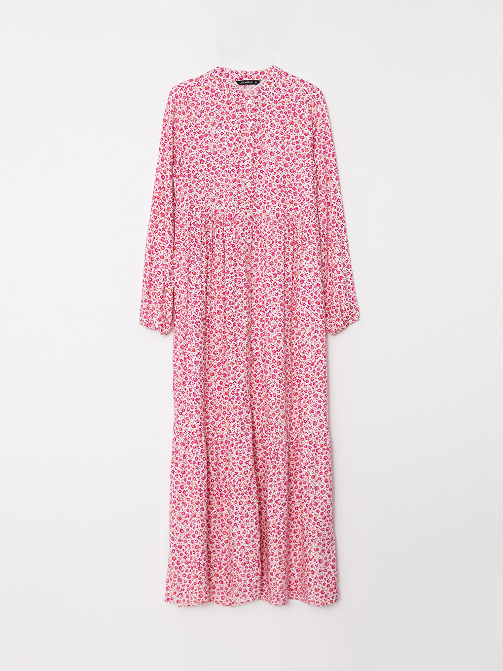 Pembe Bisiklet Yaka Çiçekli Uzun Kollu Viskon Kadın Gömlek Elbise-5