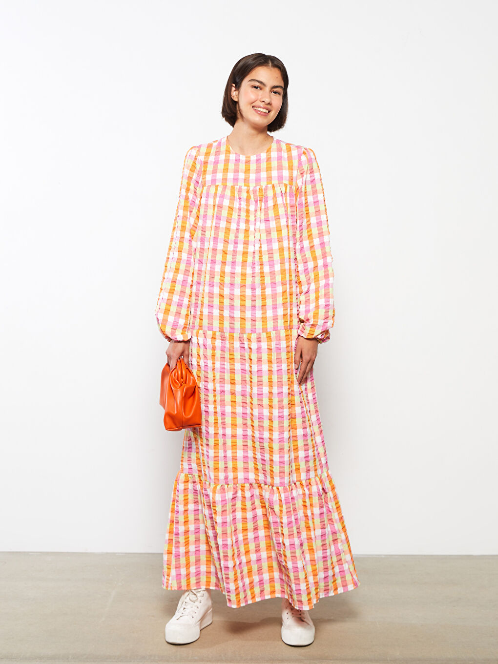 Turuncu Bisiklet Yaka Ekose Uzun Kollu Kadın Elbise