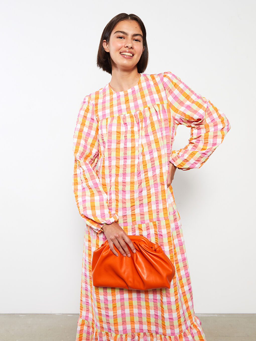 Turuncu Bisiklet Yaka Ekose Uzun Kollu Kadın Elbise-1