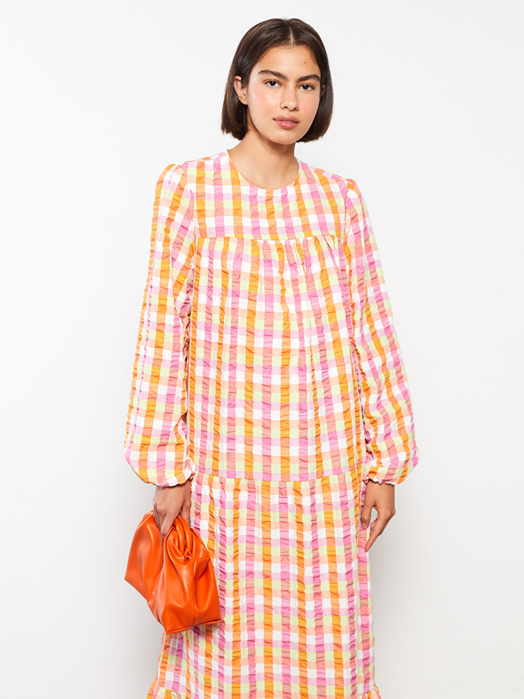 Turuncu Bisiklet Yaka Ekose Uzun Kollu Kadın Elbise-2