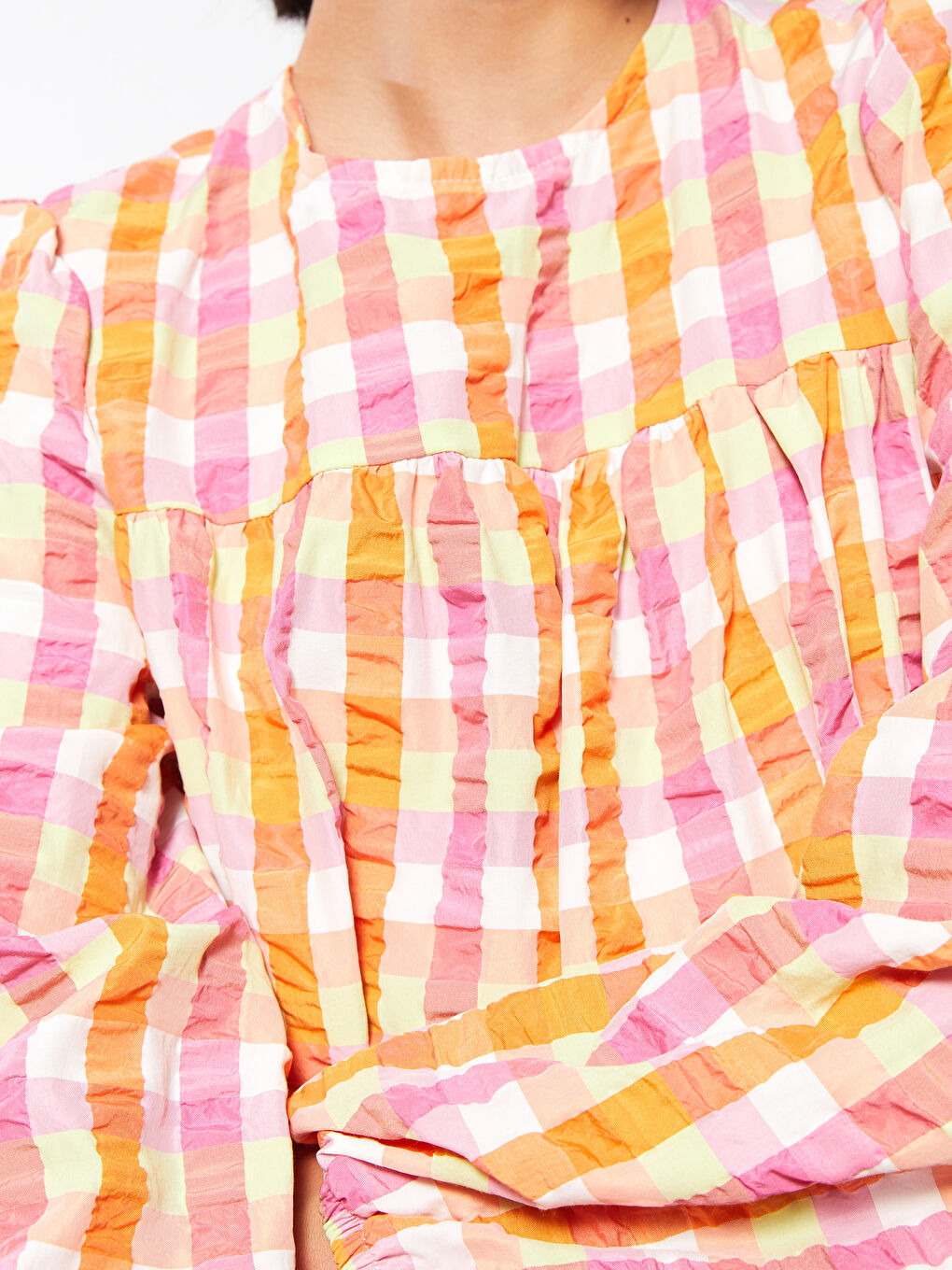 Turuncu Bisiklet Yaka Ekose Uzun Kollu Kadın Elbise-3