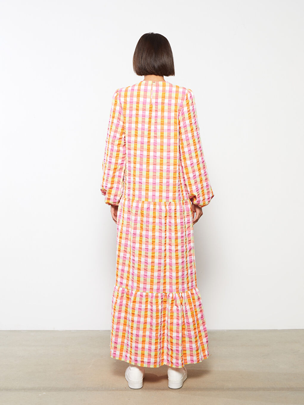 Turuncu Bisiklet Yaka Ekose Uzun Kollu Kadın Elbise-4