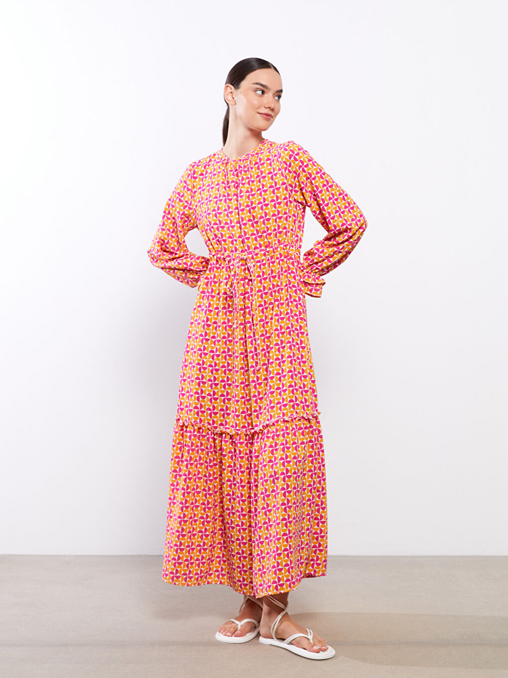 Crew Neck Patterned Long Sleeve Women Dress -S2LI28Z8-LSR