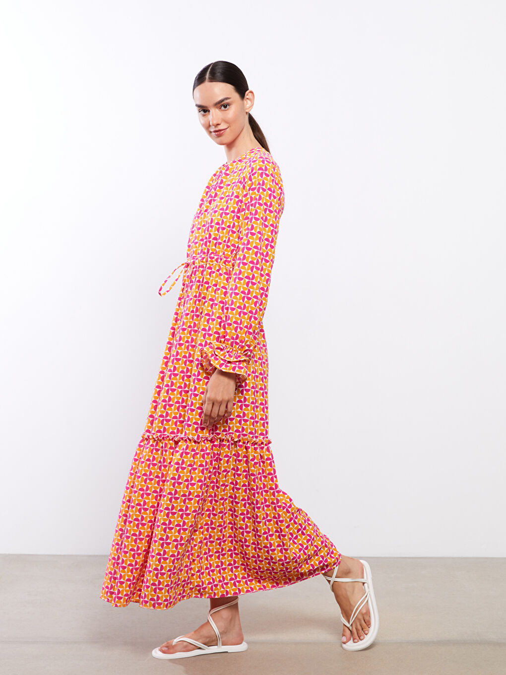 Crew Neck Patterned Long Sleeve Women Dress -S2LI28Z8-LSR