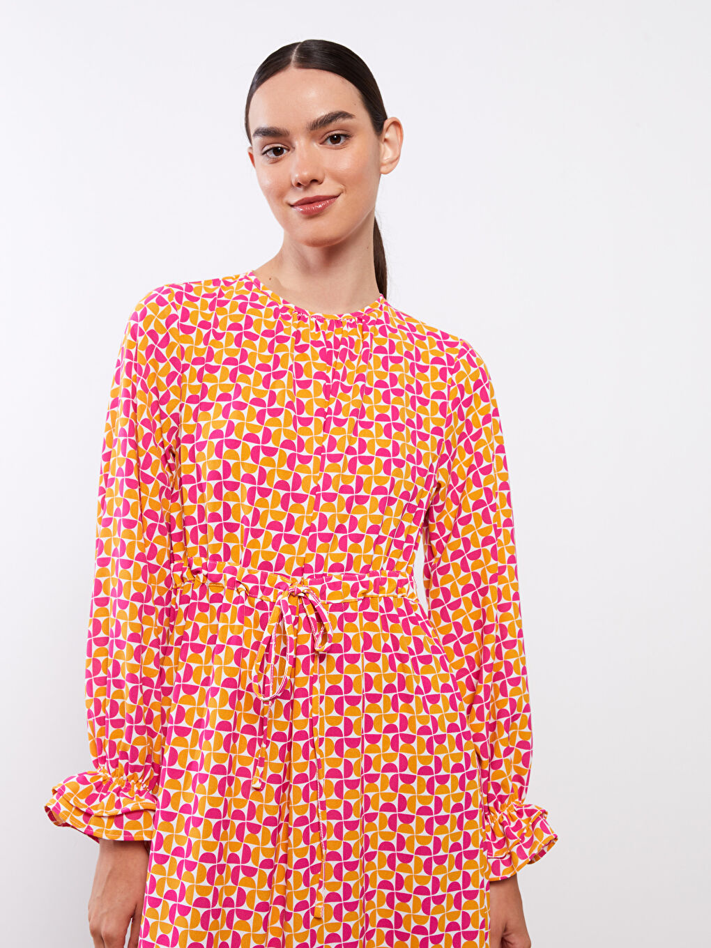 Crew Neck Patterned Long Sleeve Women Dress -S2LI28Z8-LSR
