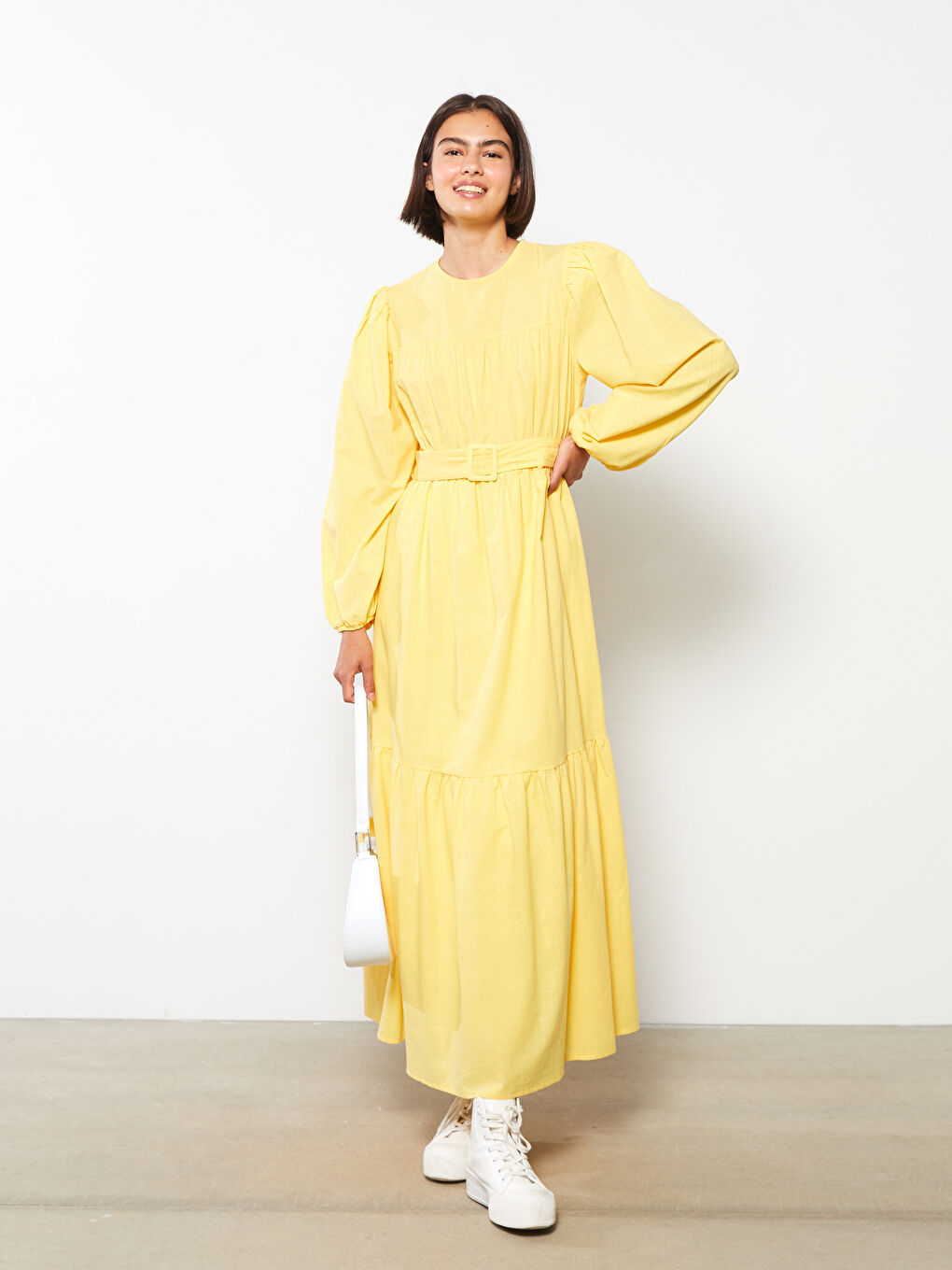 Sarı Bisiklet Yaka Düz Uzun Kollu Pamuklu Kadın Elbise