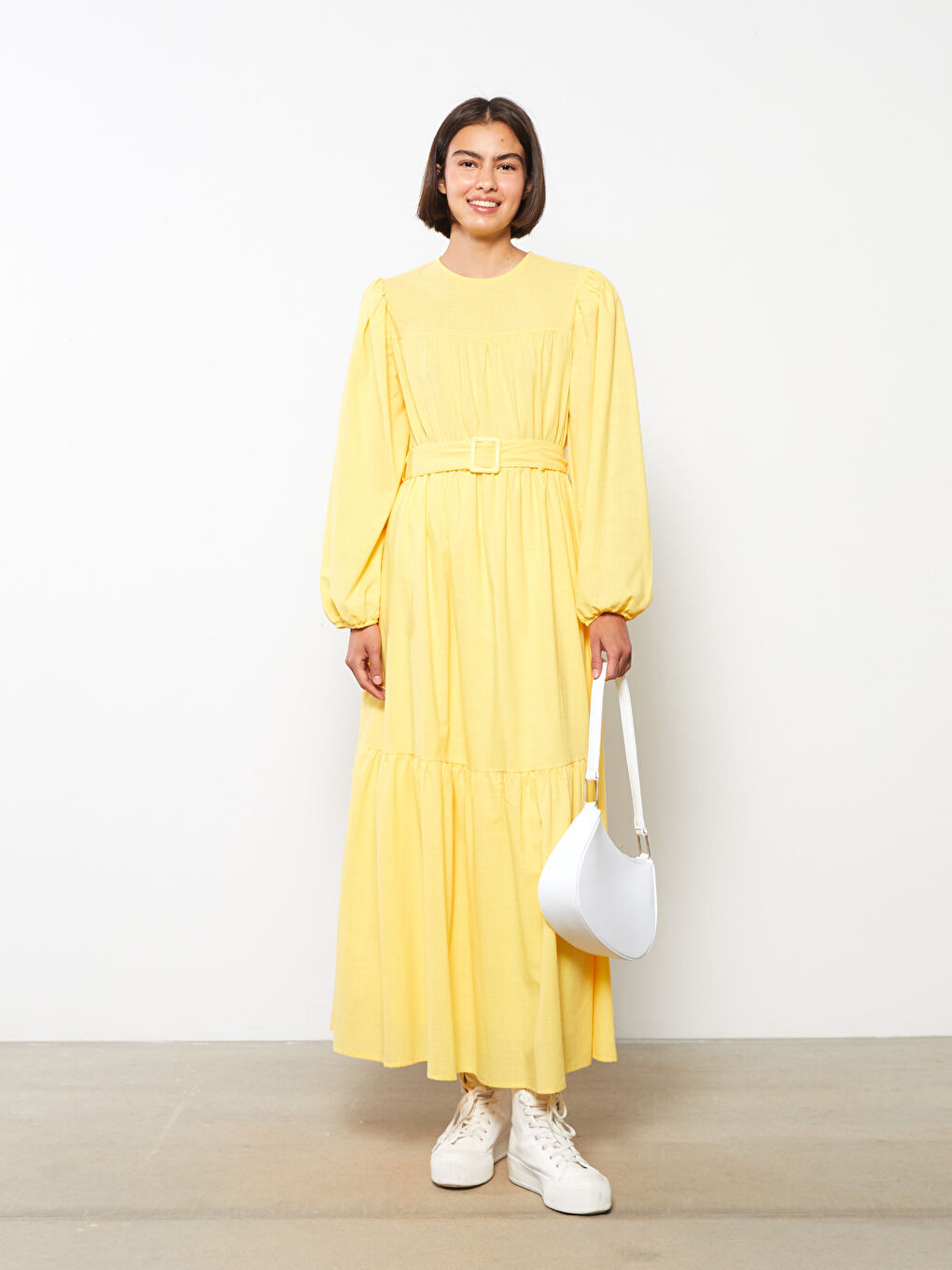 Sarı Bisiklet Yaka Düz Uzun Kollu Pamuklu Kadın Elbise-1