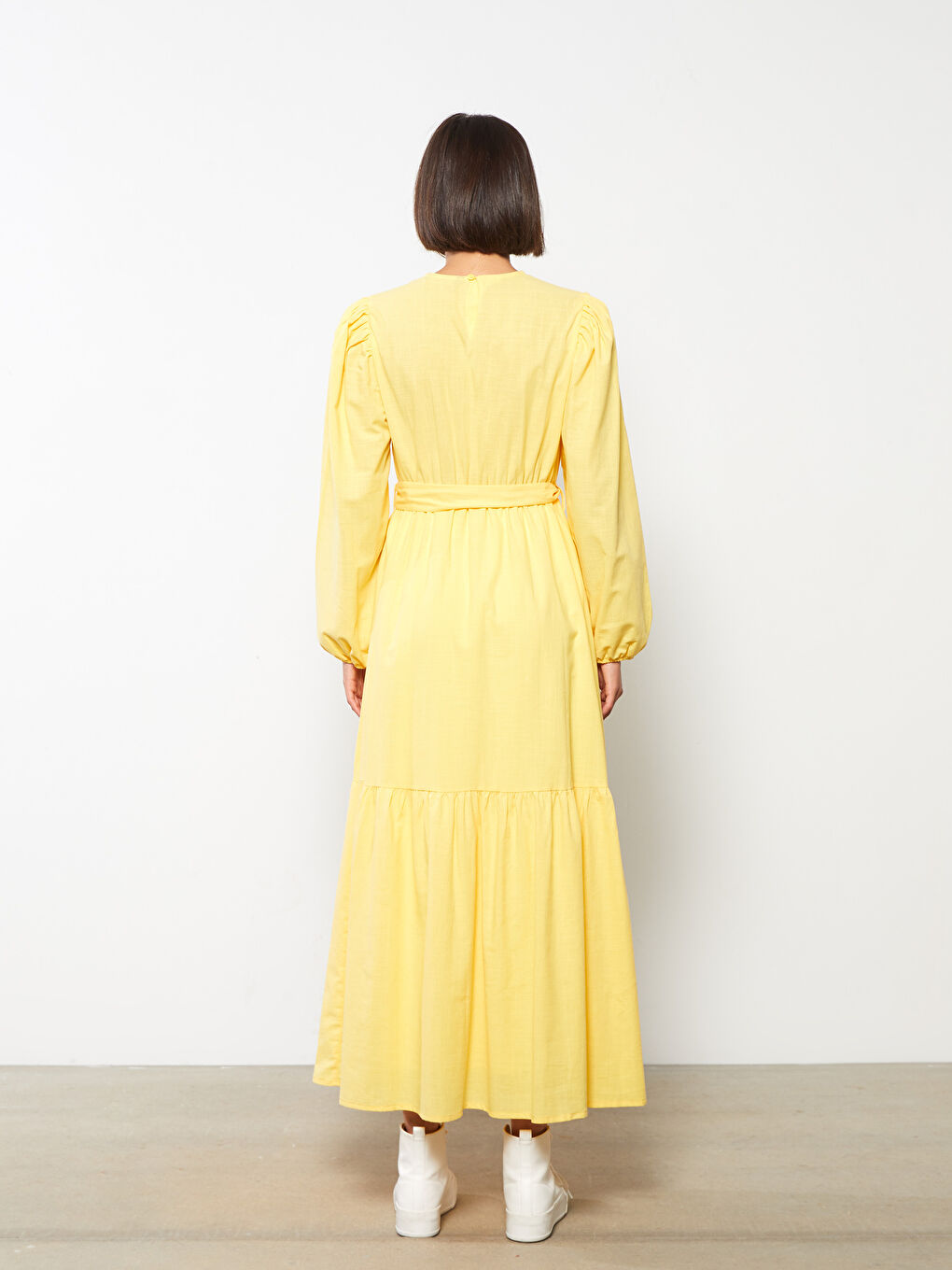 Sarı Bisiklet Yaka Düz Uzun Kollu Pamuklu Kadın Elbise-4