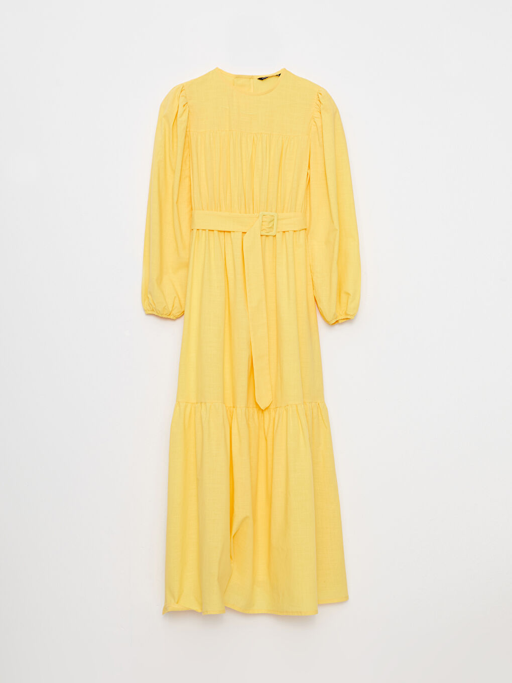 Sarı Bisiklet Yaka Düz Uzun Kollu Pamuklu Kadın Elbise-5