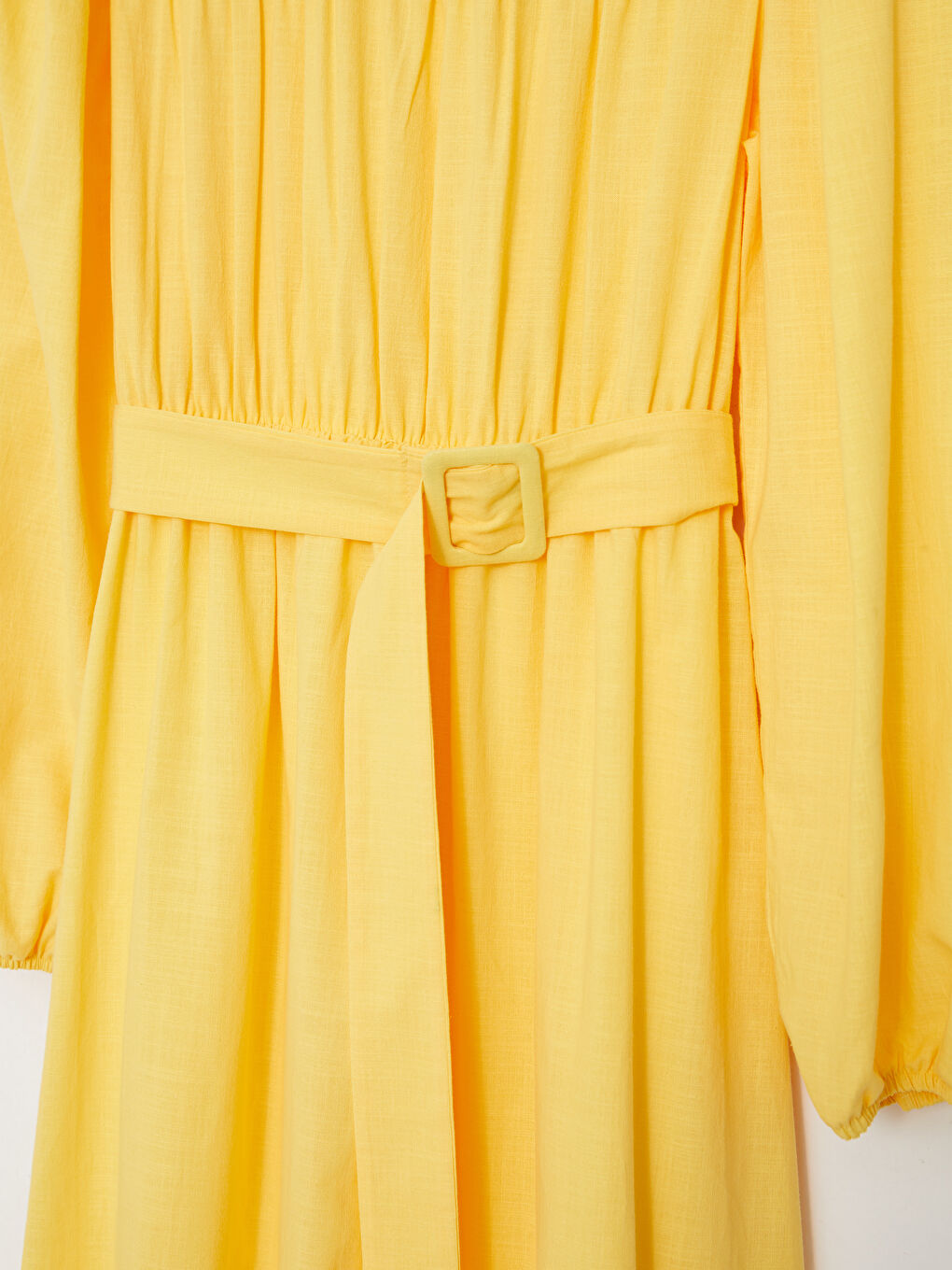 Sarı Bisiklet Yaka Düz Uzun Kollu Pamuklu Kadın Elbise-7