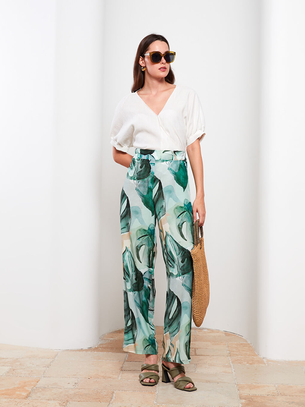 Elasticated Waist Patterned Women's Trousers-1