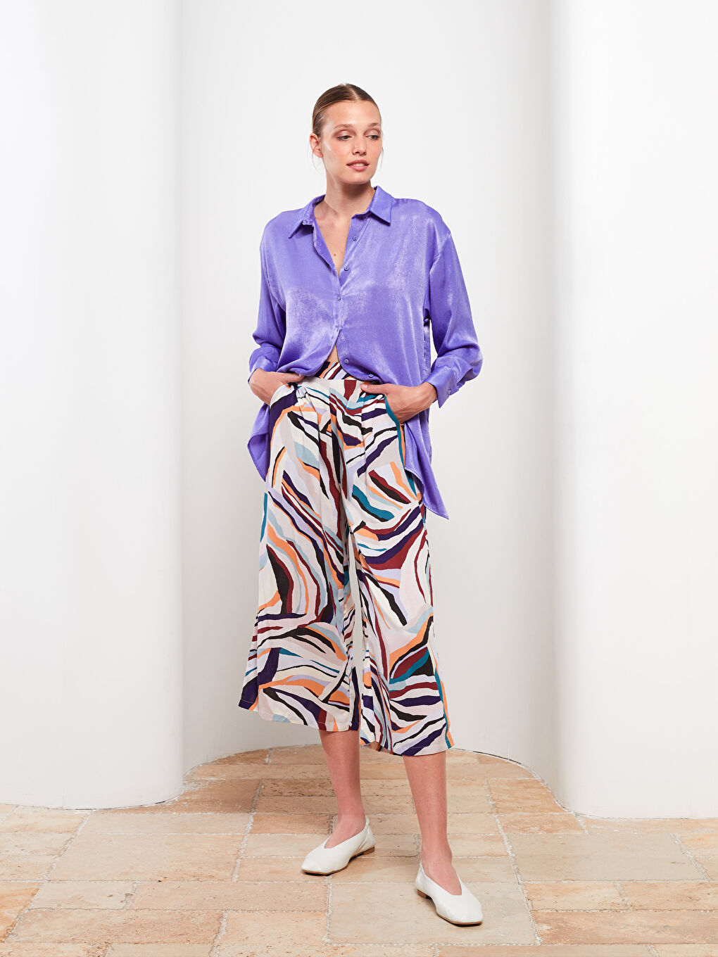 Karışık Beli Lastikli Desenli Viskon Kadın Kapri-1