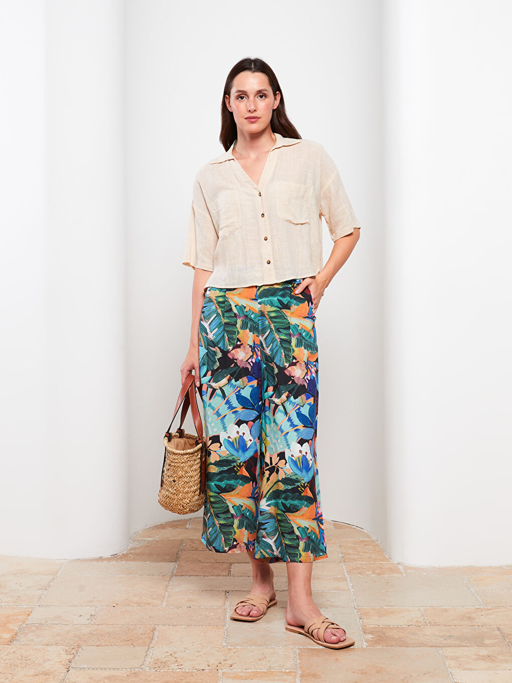 Elastic Waist Patterned Viscose Women Capri -S2LI50Z8-LQJ
