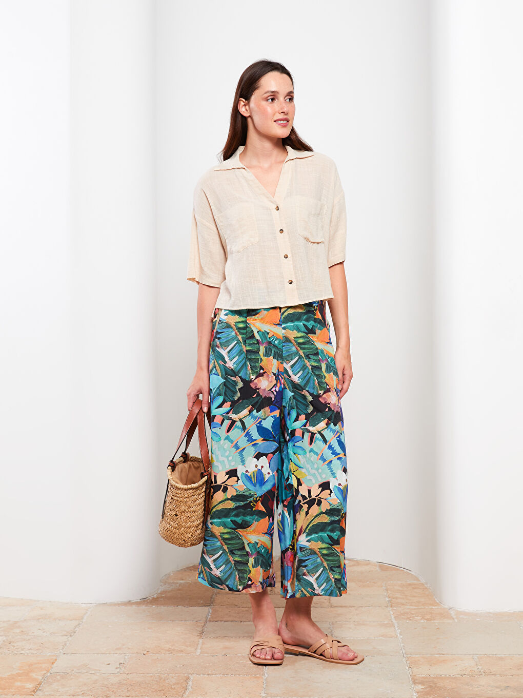 Elastic Waist Patterned Viscose Women Capri -S2LI50Z8-LQJ