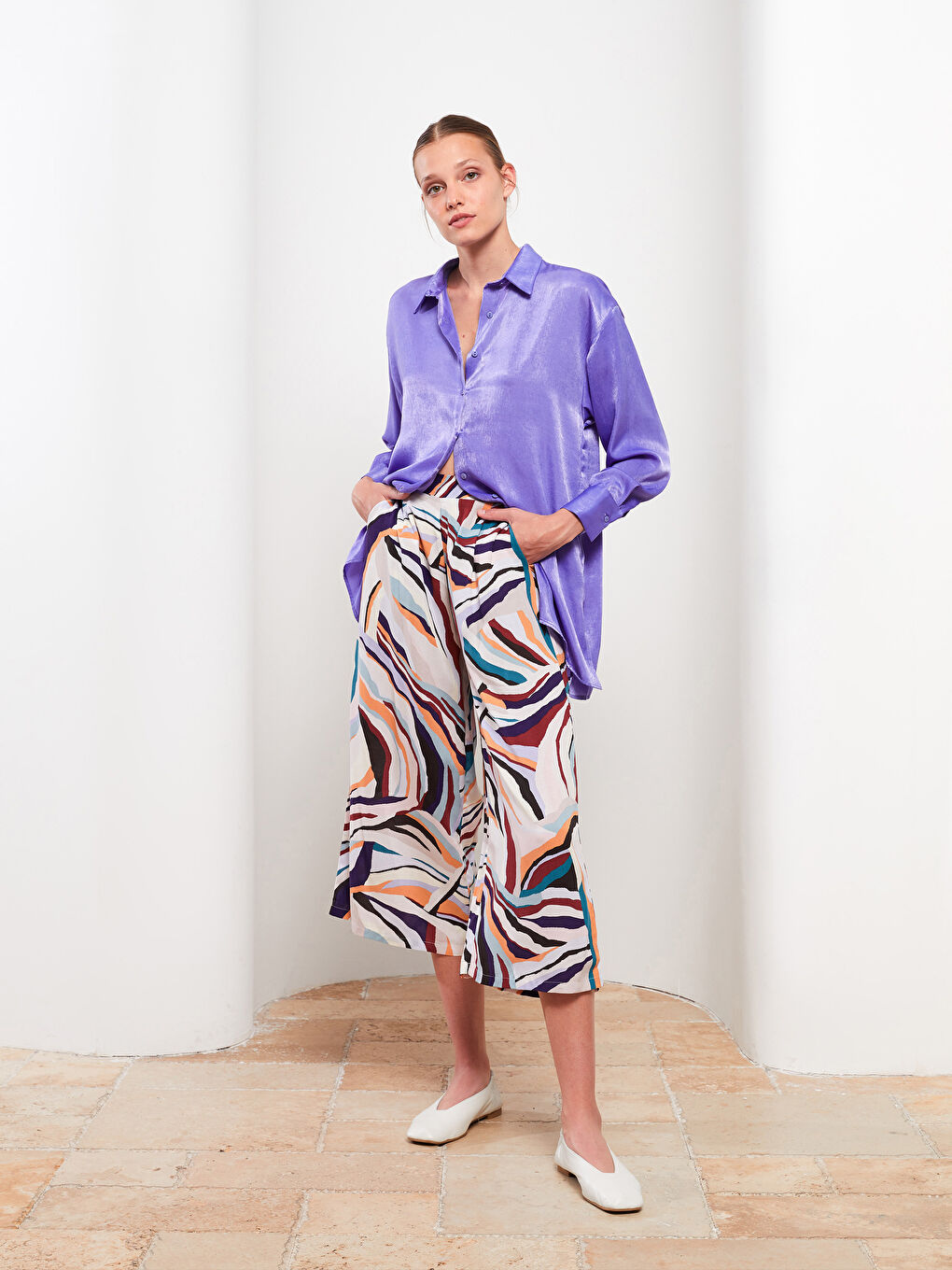 Karışık Beli Lastikli Desenli Viskon Kadın Kapri