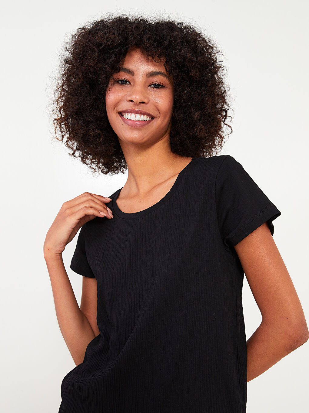 Siyah Bisiklet Yaka Düz Kısa Kollu Kadın Pijama Takım-2