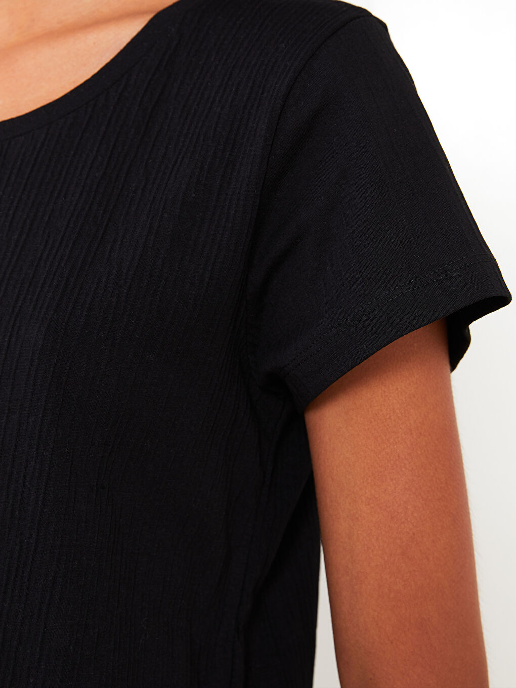 Siyah Bisiklet Yaka Düz Kısa Kollu Kadın Pijama Takım-3