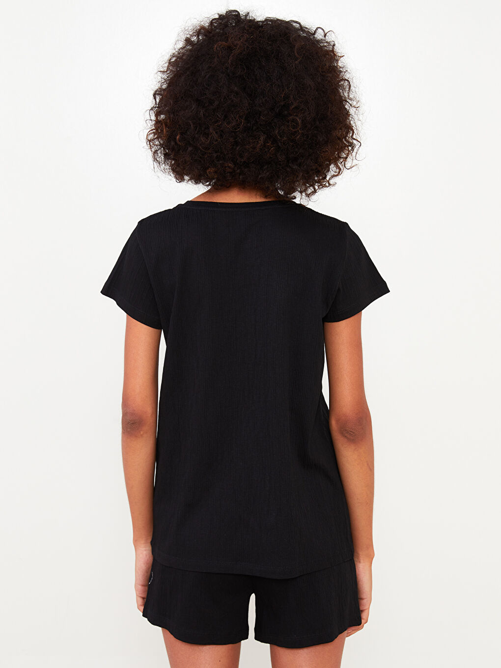 Siyah Bisiklet Yaka Düz Kısa Kollu Kadın Pijama Takım-4