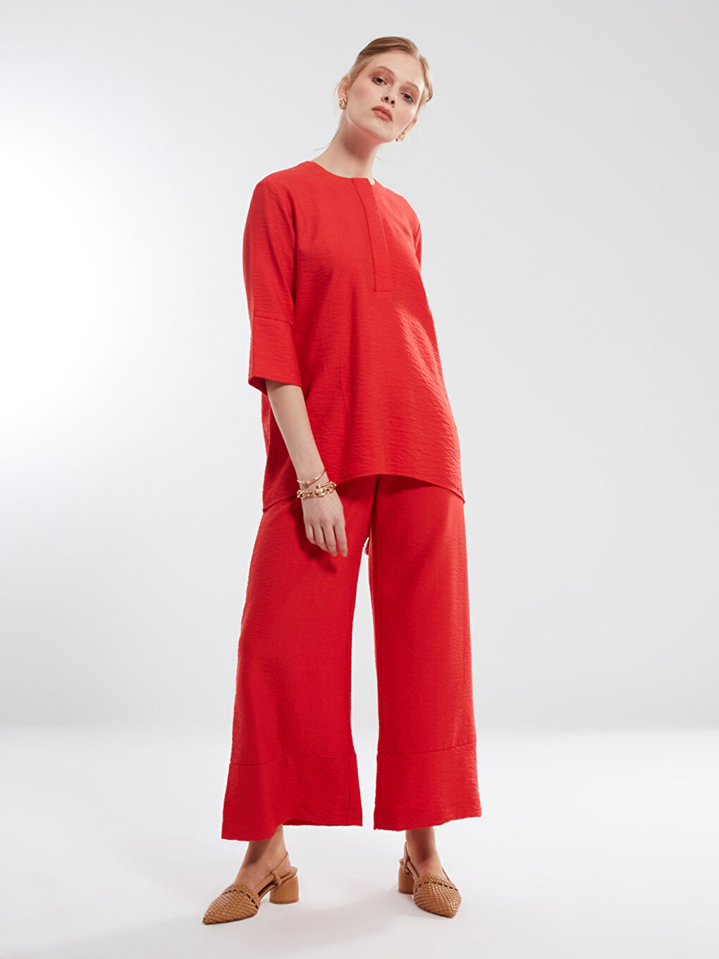 Kırmızı Kadın Bisiklet Yaka Düz Bluz