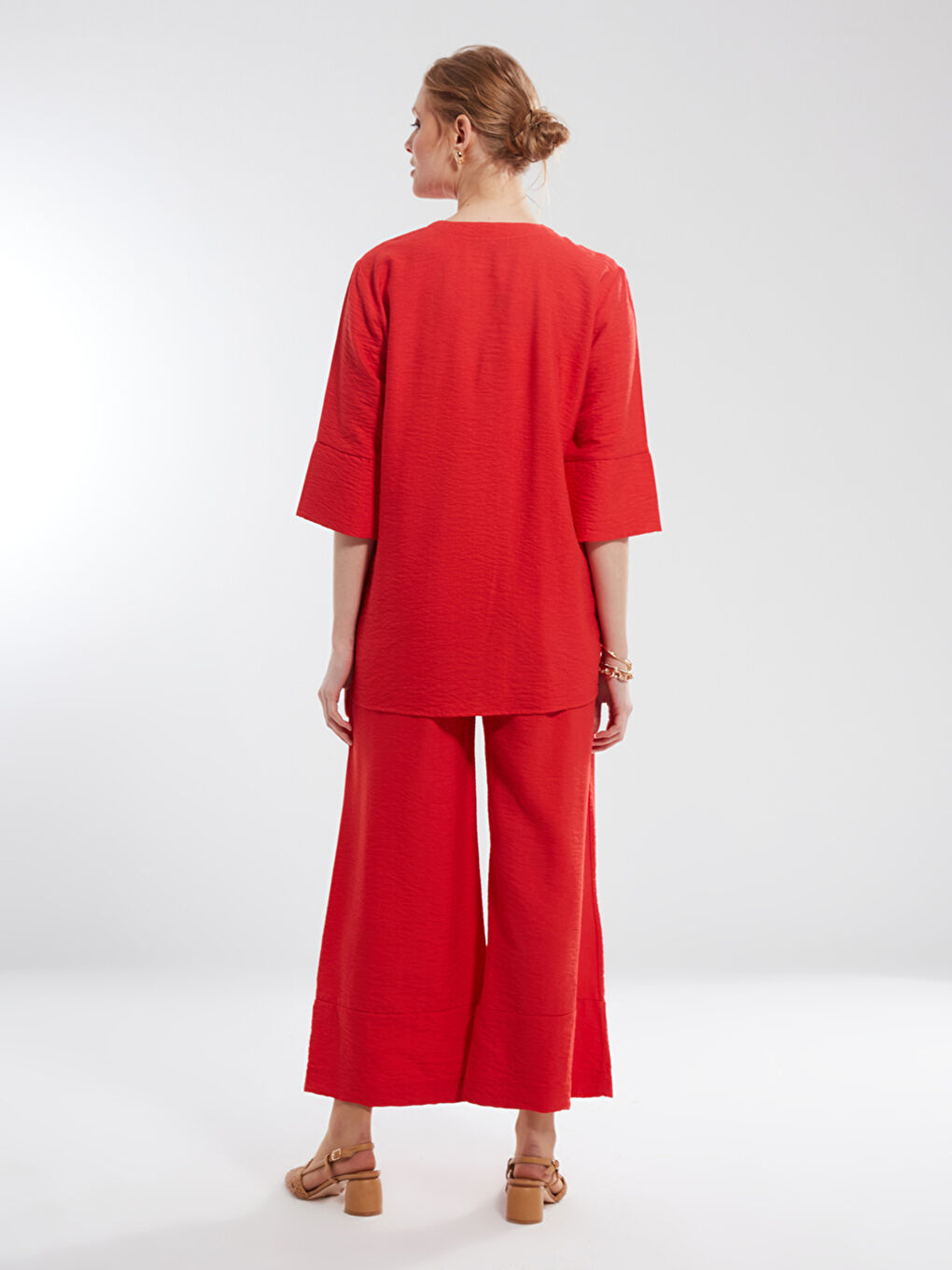 Kırmızı Kadın Bisiklet Yaka Düz Bluz-1