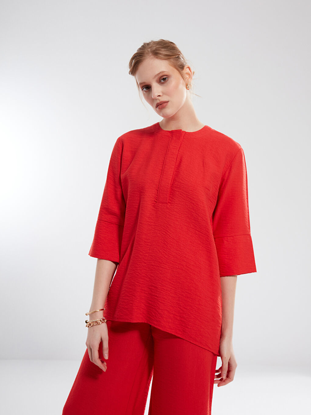 Kırmızı Kadın Bisiklet Yaka Düz Bluz-2
