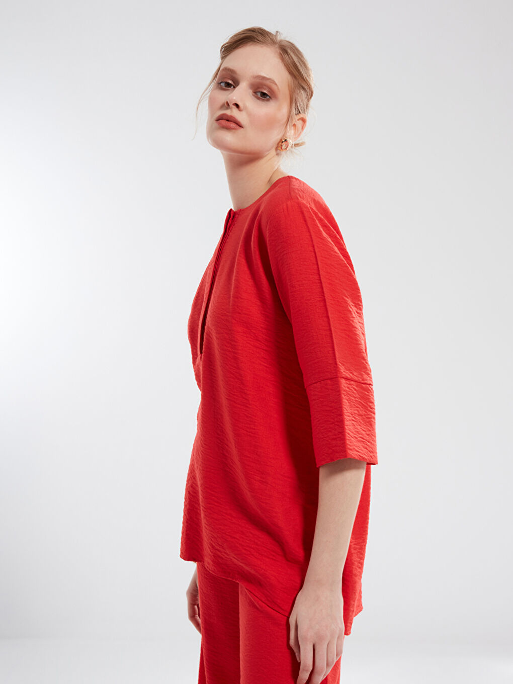 Kırmızı Kadın Bisiklet Yaka Düz Bluz-3