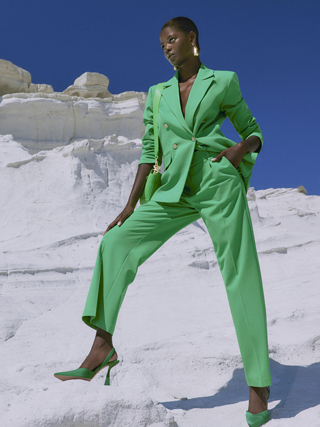 Yeşil Kadın Yüksek Bel Rahat Kalıp Düz Pantolon