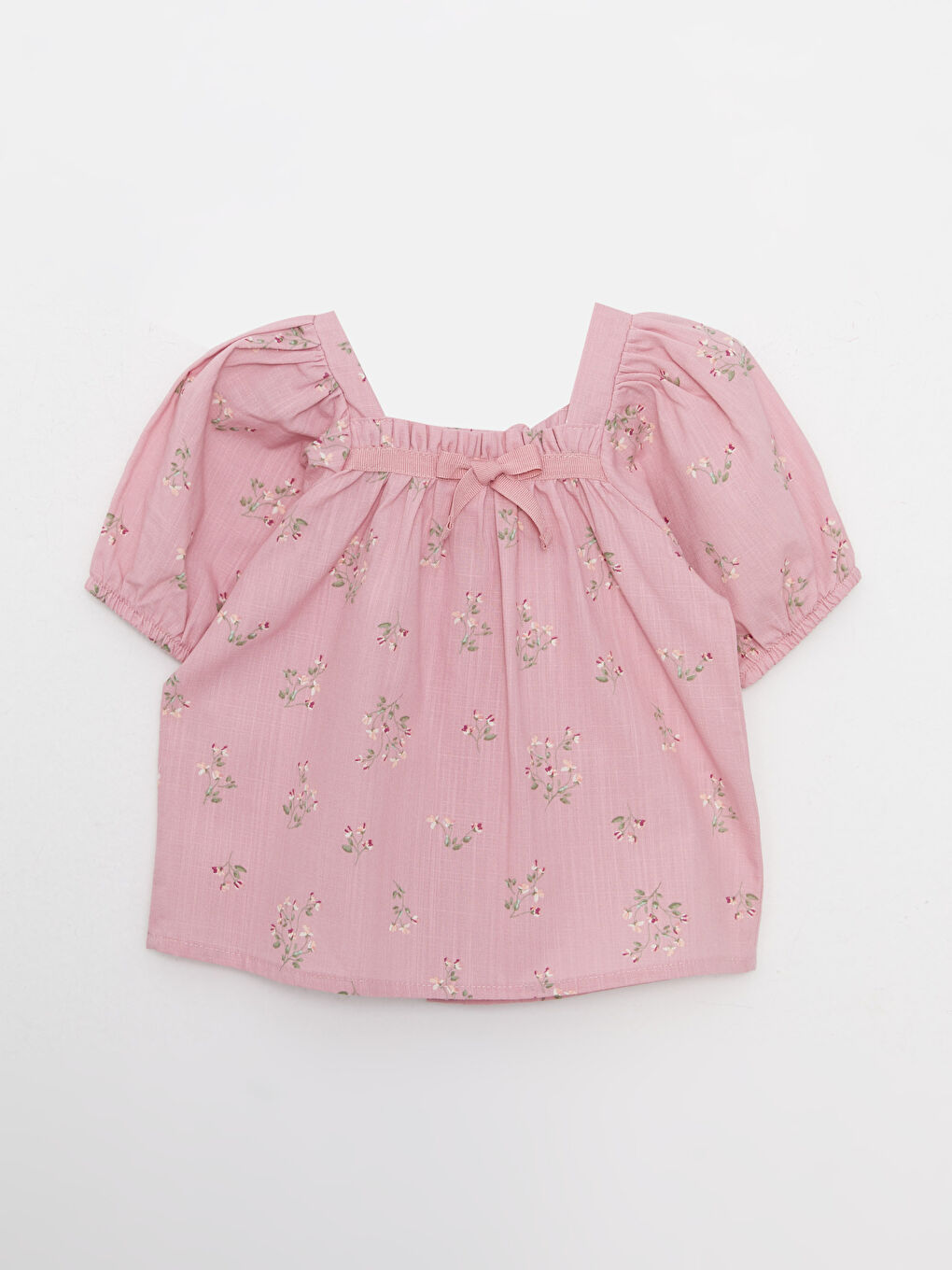 Pembe Kare Yaka Kısa Kollu Desenli Pamuklu Kız Bebek Bluz-1