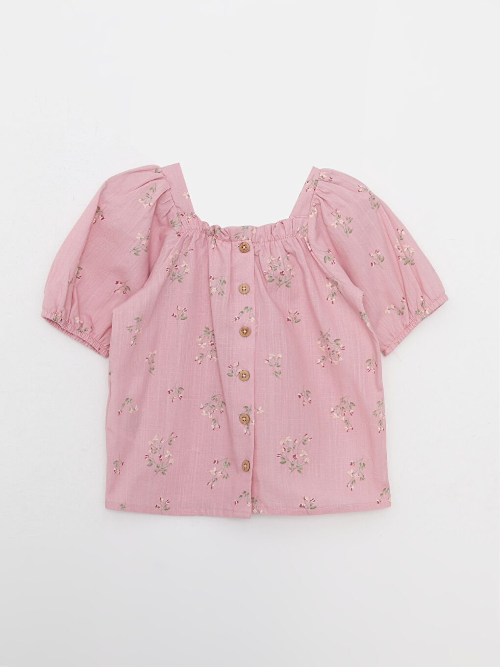 Pembe Kare Yaka Kısa Kollu Desenli Pamuklu Kız Bebek Bluz