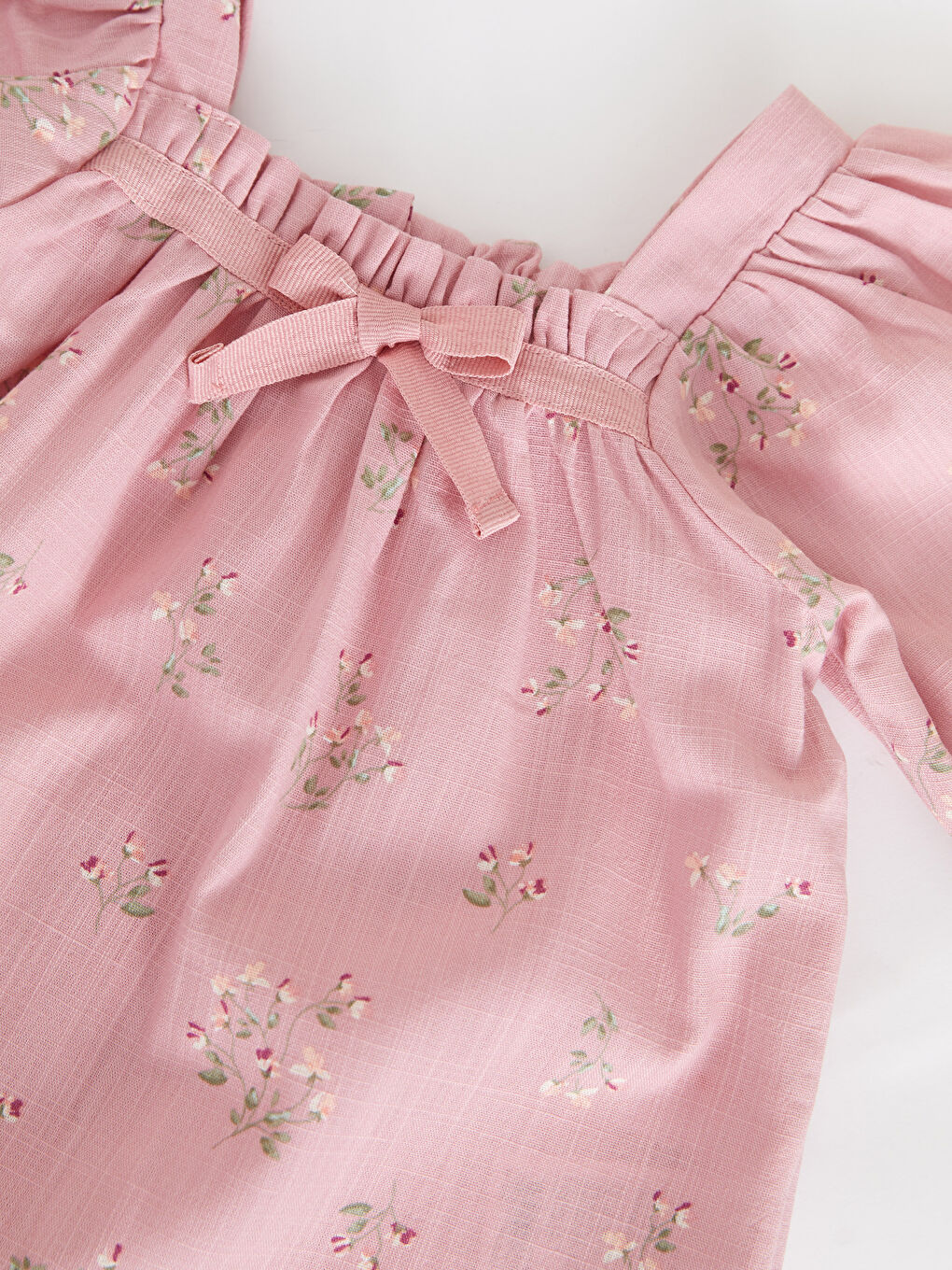 Pembe Kare Yaka Kısa Kollu Desenli Pamuklu Kız Bebek Bluz-2