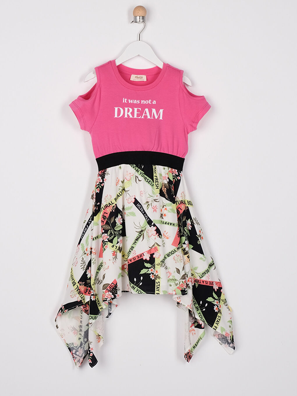 Fuşya Bisiklet Yaka Desenli Kısa Kollu Kız Çocuk Elbise