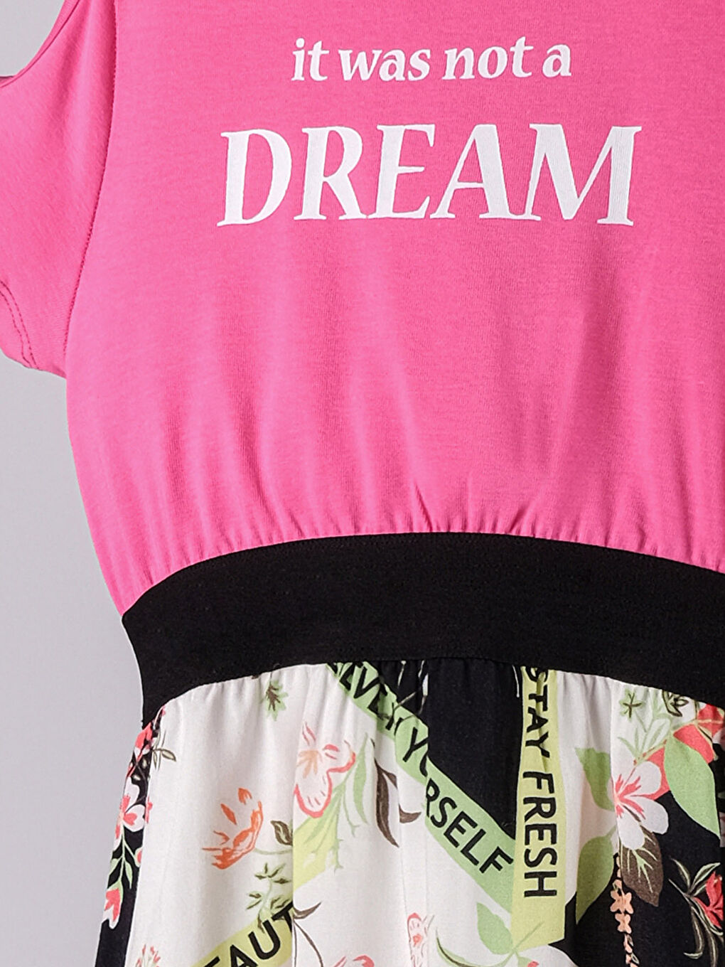 Fuşya Bisiklet Yaka Desenli Kısa Kollu Kız Çocuk Elbise-1