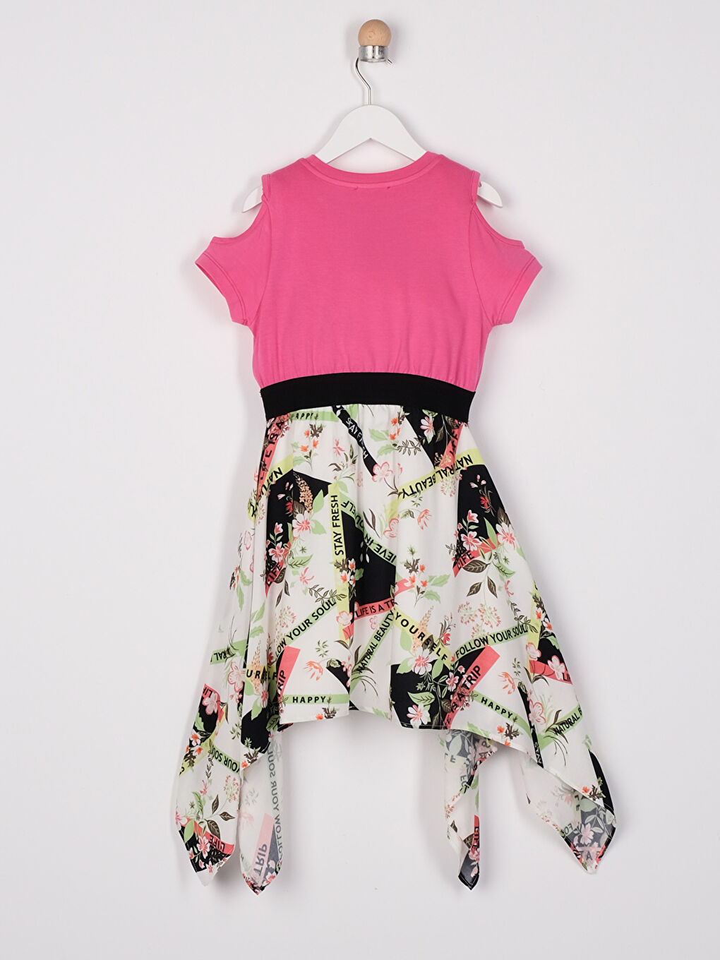 Fuşya Bisiklet Yaka Desenli Kısa Kollu Kız Çocuk Elbise-2