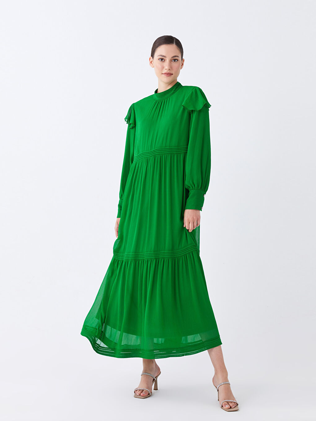 Turkuaz Dik Yaka Düz Uzun Kollu Kadın Elbise