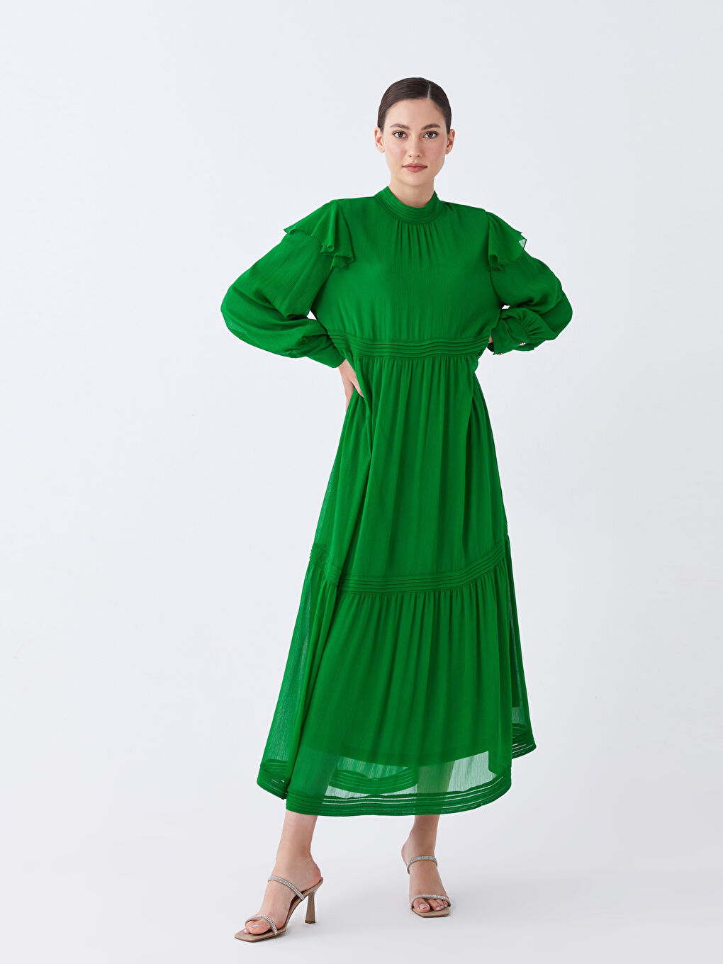 Turkuaz Dik Yaka Düz Uzun Kollu Kadın Elbise-1