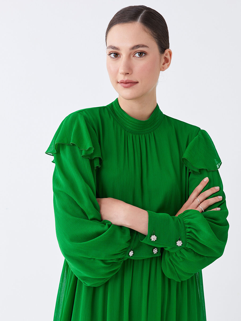 Turkuaz Dik Yaka Düz Uzun Kollu Kadın Elbise-2