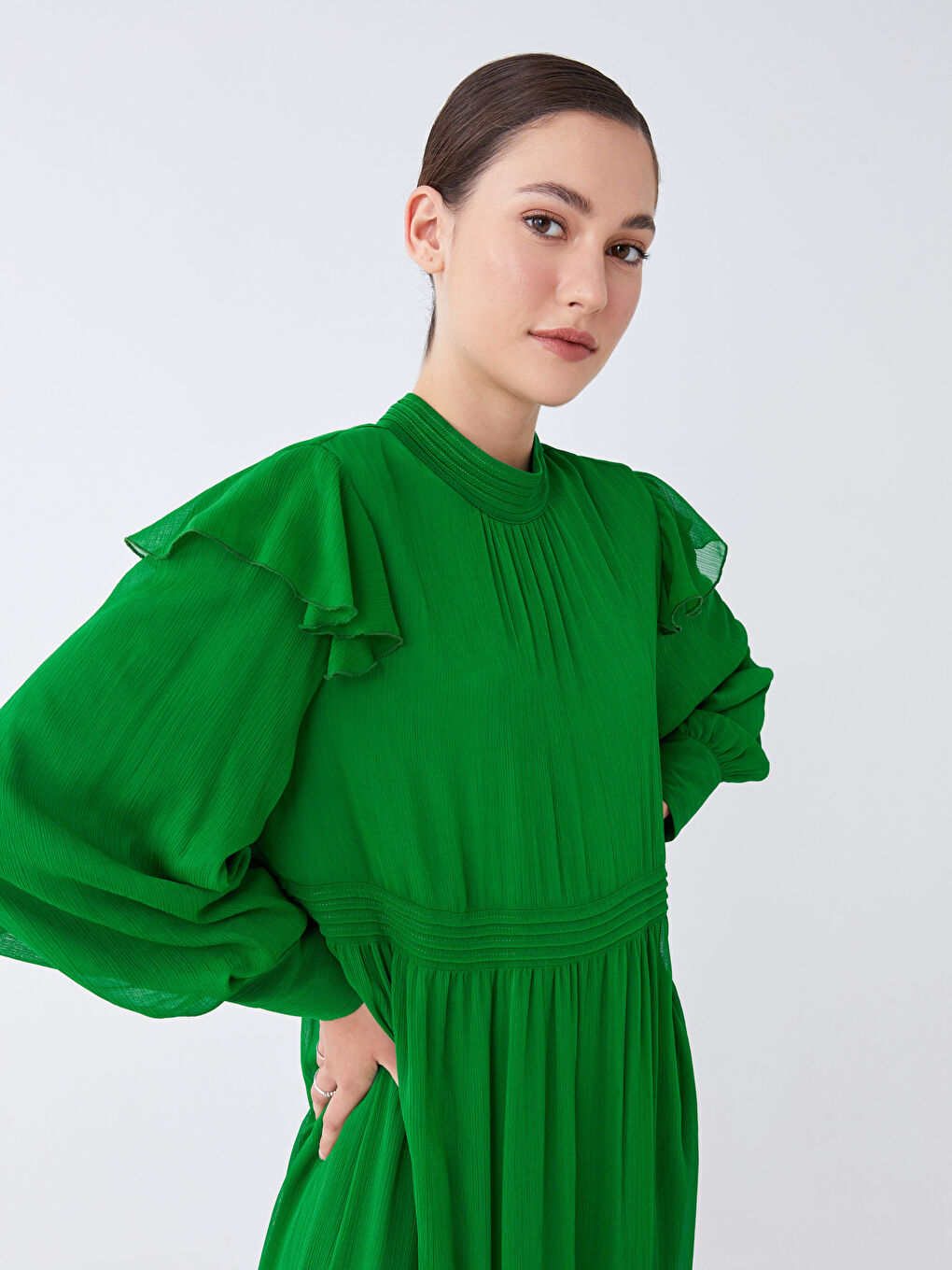 Turkuaz Dik Yaka Düz Uzun Kollu Kadın Elbise-3