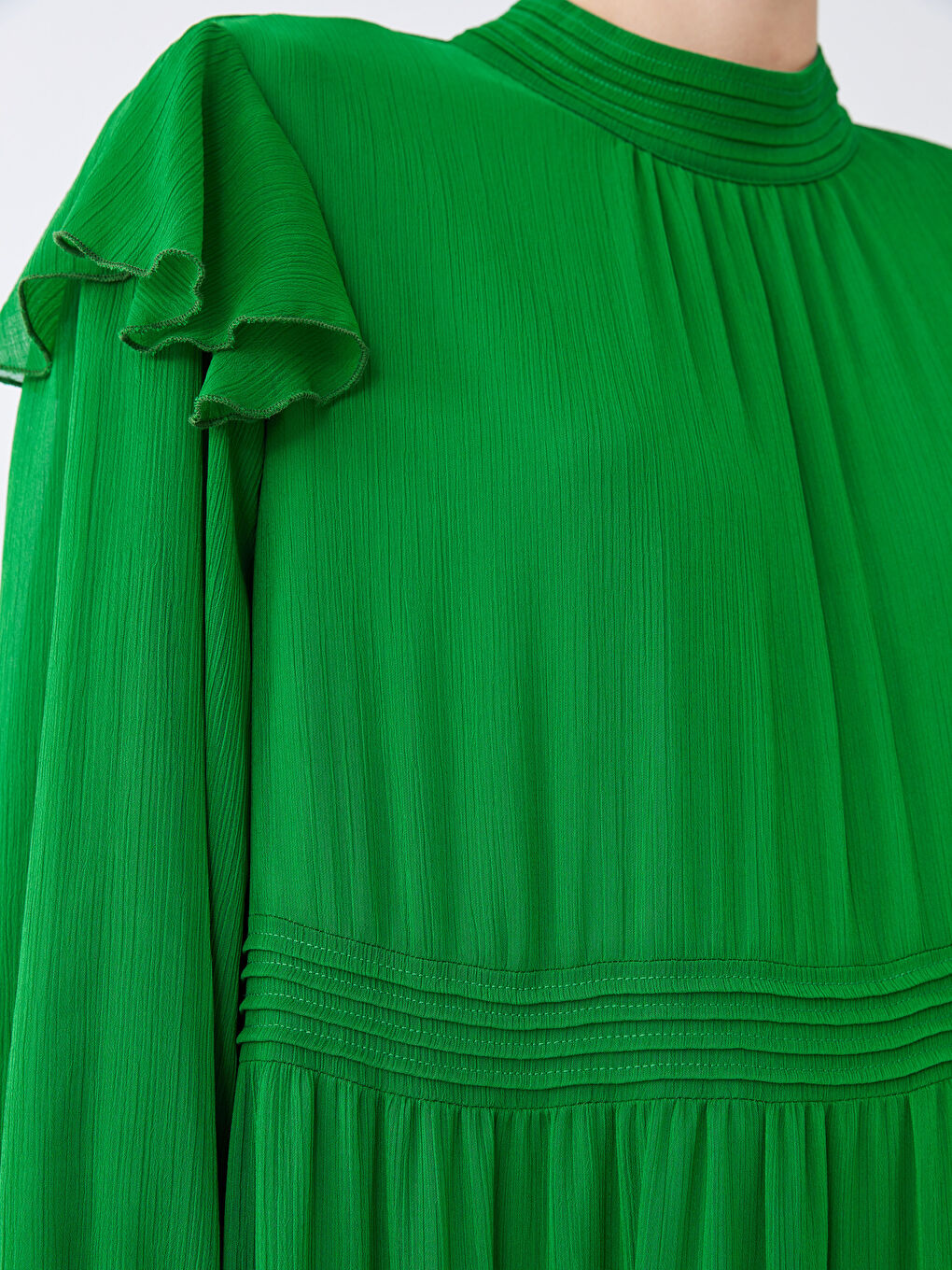 Turkuaz Dik Yaka Düz Uzun Kollu Kadın Elbise-4