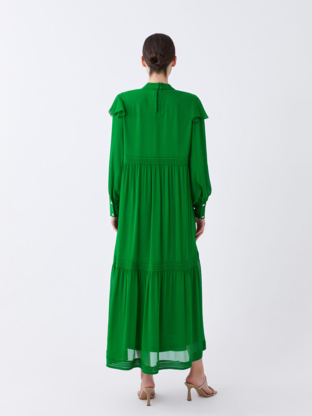 Turkuaz Dik Yaka Düz Uzun Kollu Kadın Elbise-5