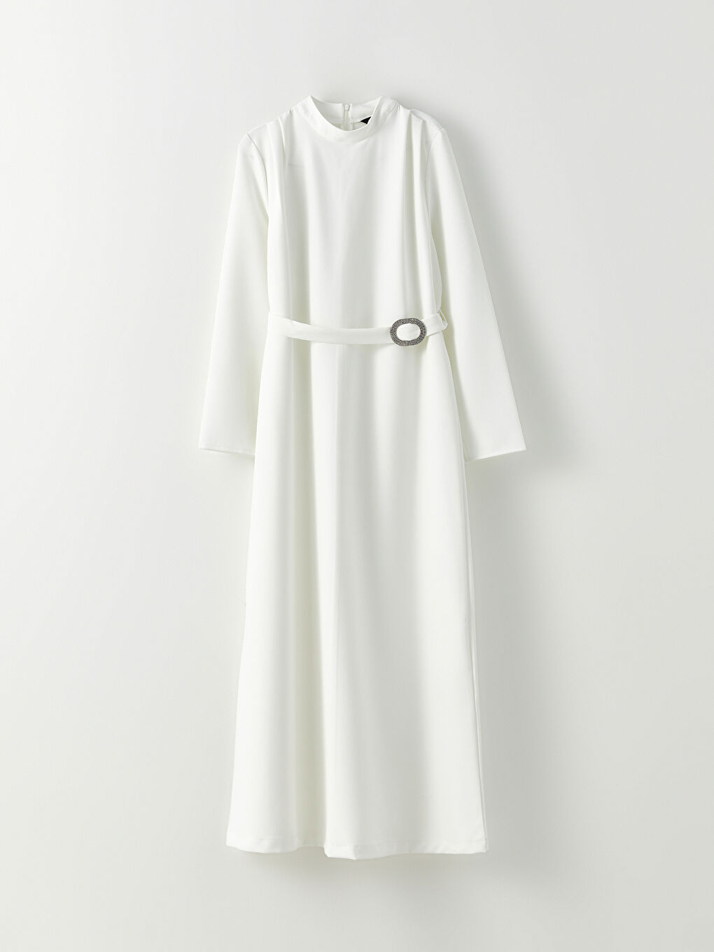 Ekru Dik Yaka Düz Uzun Kollu Kadın Elbise