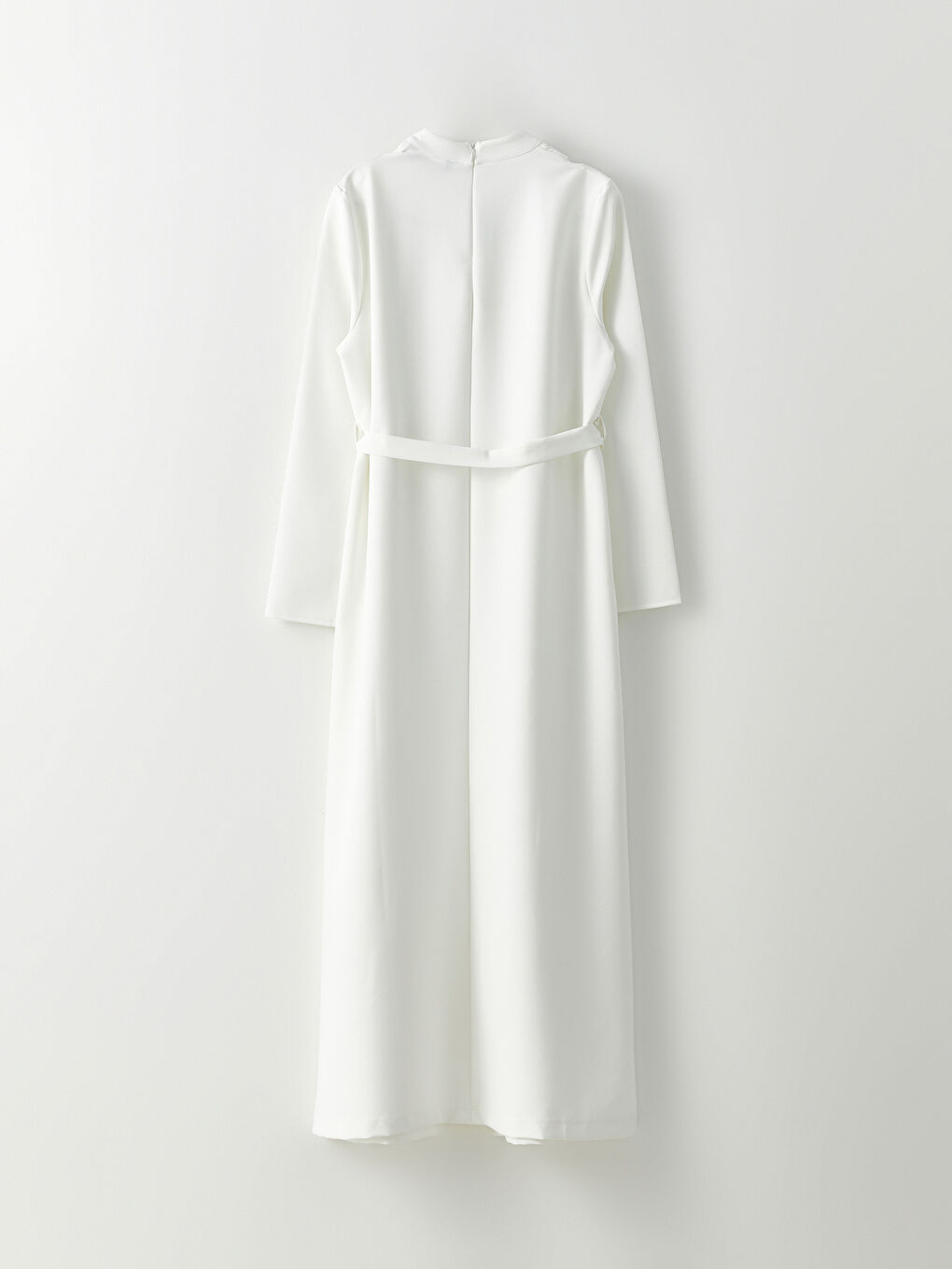 Ekru Dik Yaka Düz Uzun Kollu Kadın Elbise-1