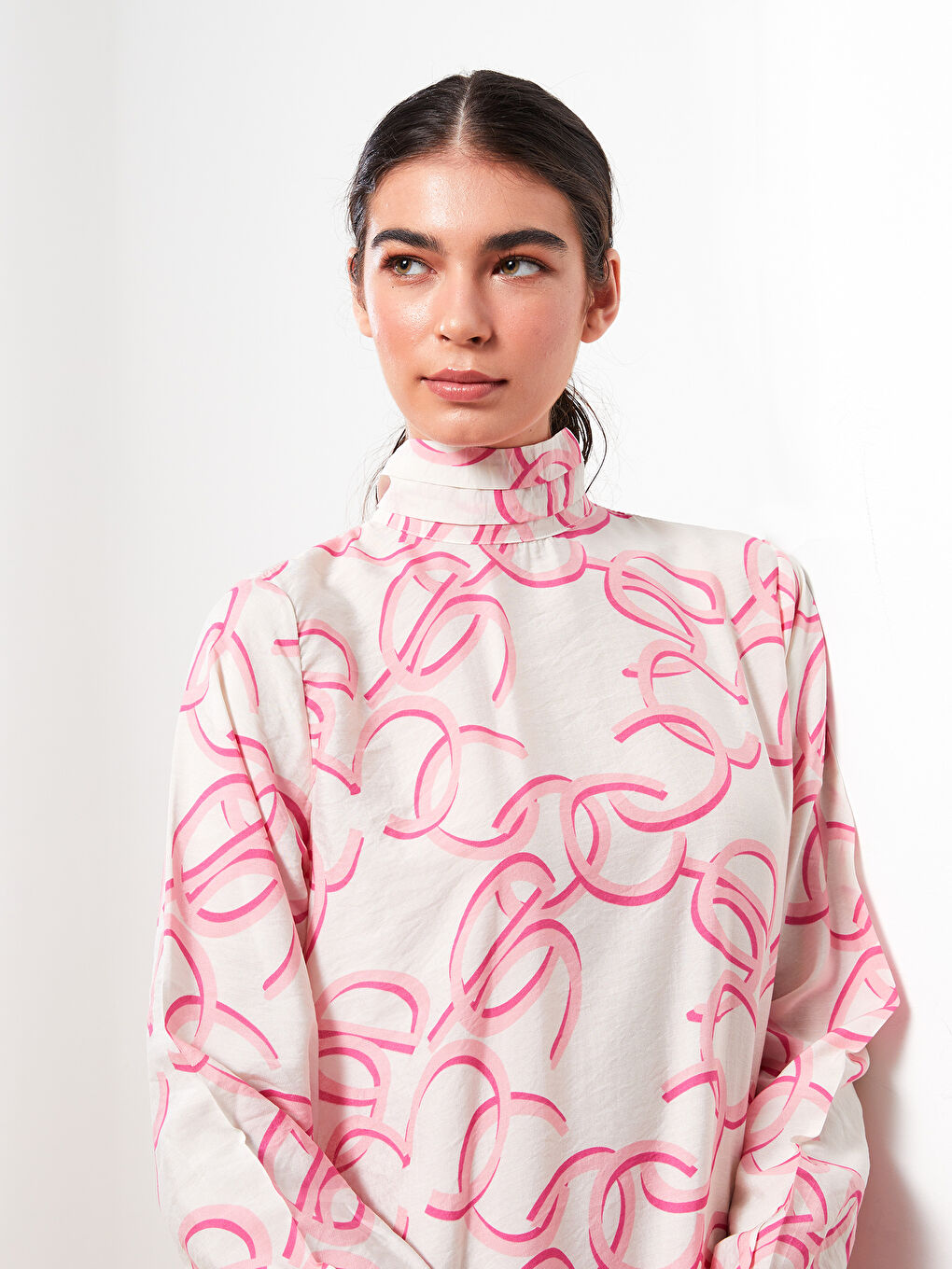 Ekru Bağlamalı Yaka Desenli Uzun Kollu Kadın Elbise-2