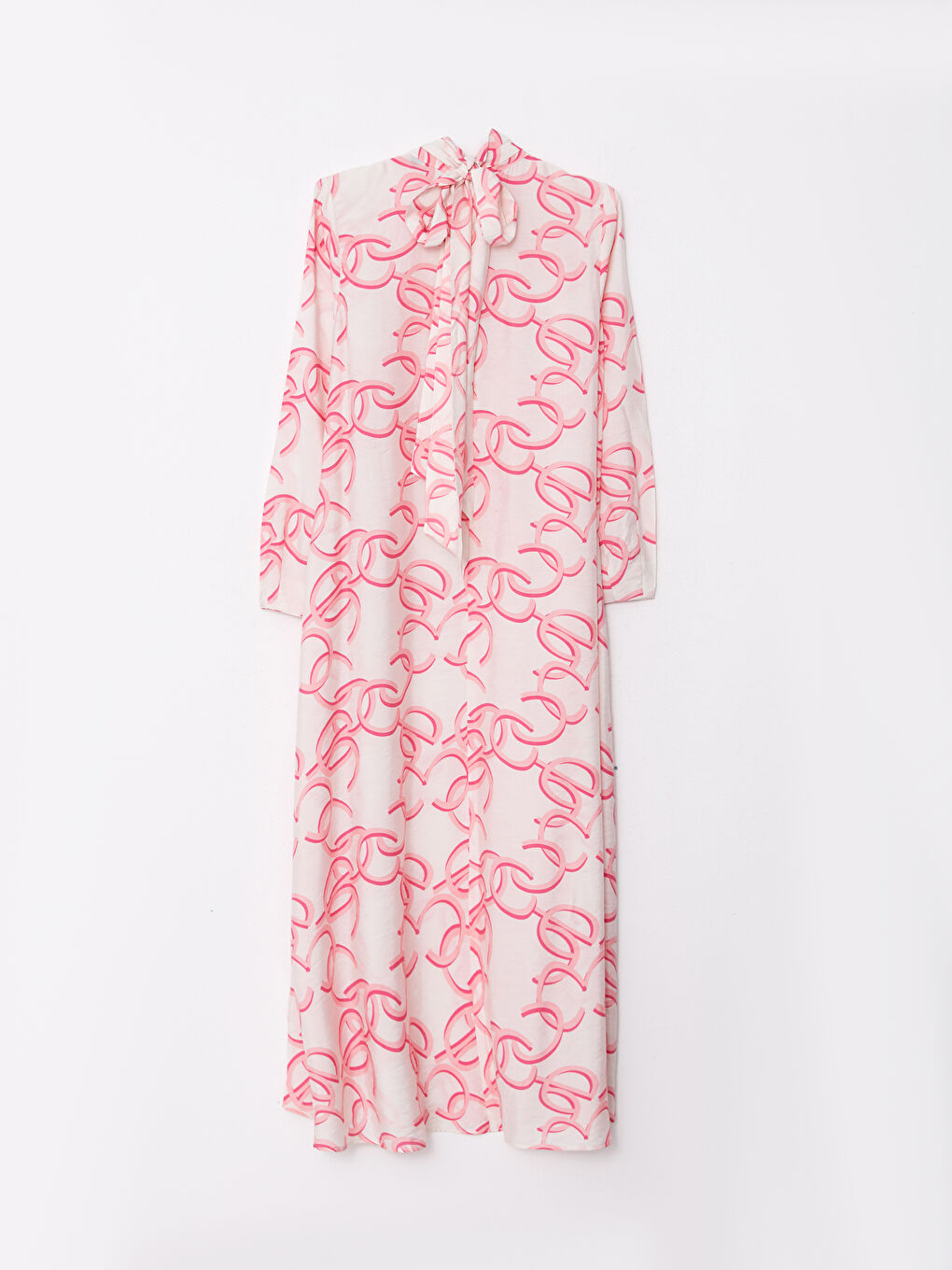 Ekru Bağlamalı Yaka Desenli Uzun Kollu Kadın Elbise-5