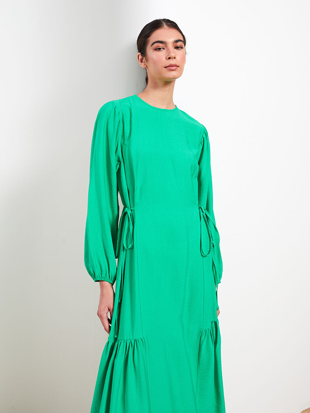 Yeşil Bisiklet Yaka Düz Uzun Kollu Kadın Elbise