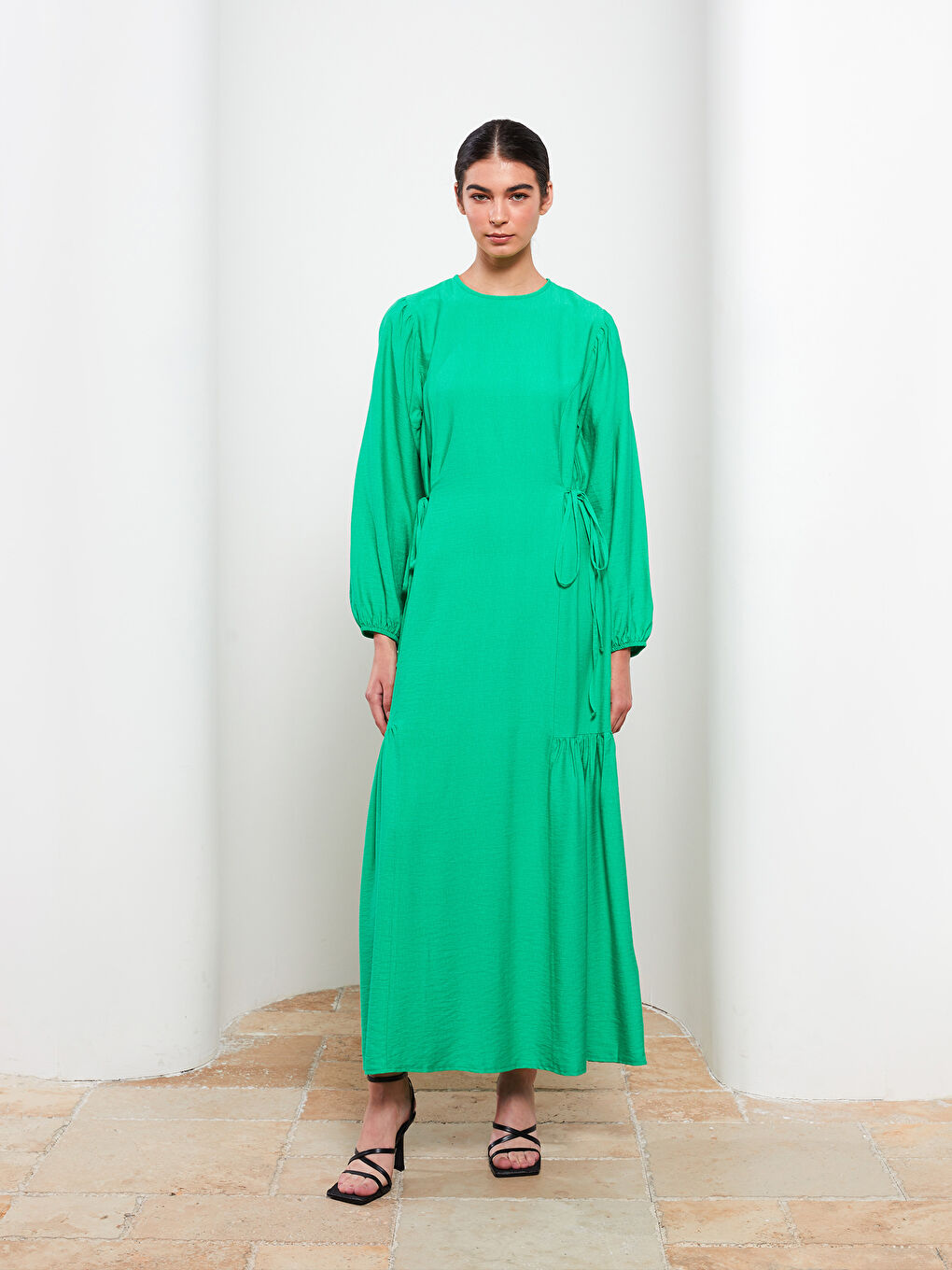 Yeşil Bisiklet Yaka Düz Uzun Kollu Kadın Elbise-1